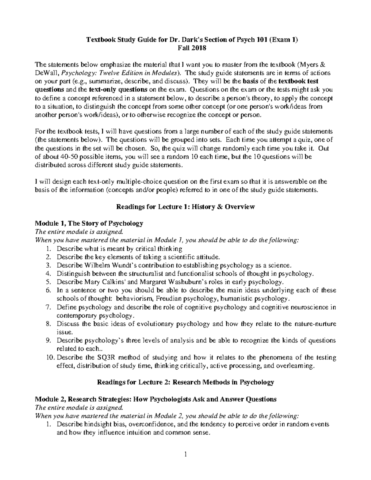 Psych 101 Fall 2018: Exam 1 Textbook Study Guide & Key Concepts - Studocu