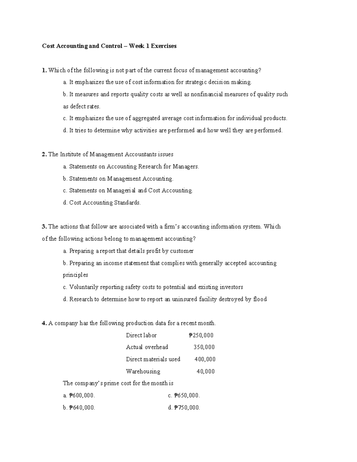 Cost Accounting and Control (Week 1) Exercises and Solutions - Studocu