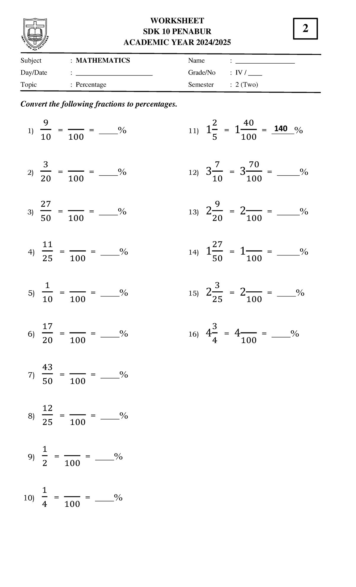02 WS - Mathematics Worksheet on Percentages for Grade IV - Studocu
