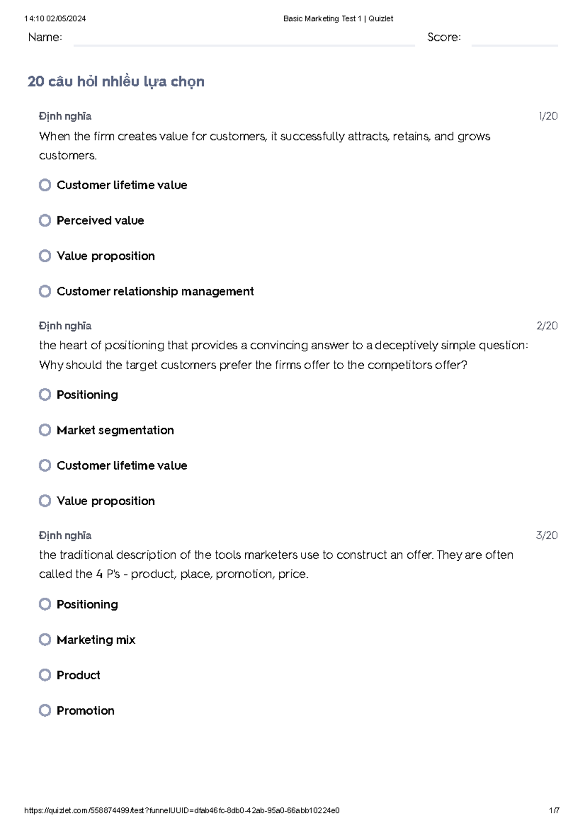 Basic Marketing Test 1 Quizlet - Name: Score: 20 câu hỏi nhiều lựa chọn ...