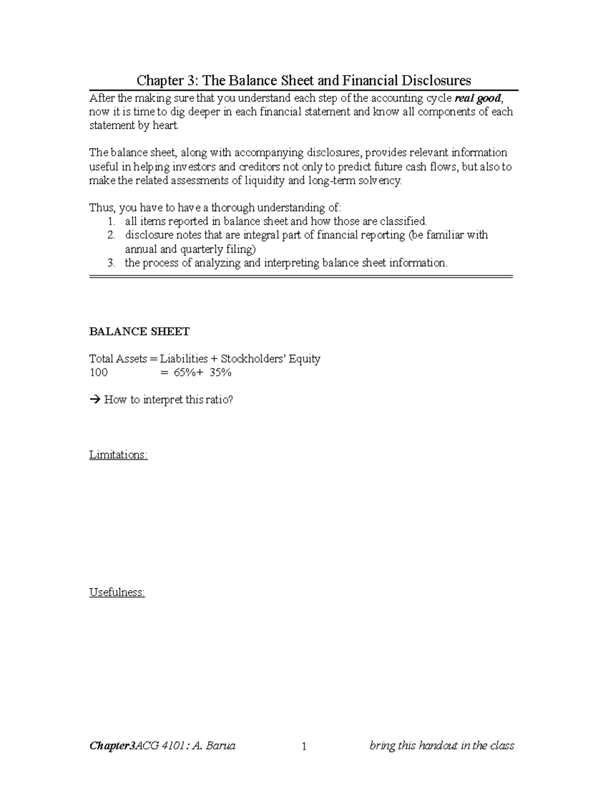 Handout CH 3-s: Lecture Notes on Balance Sheet & Financial Disclosures ...