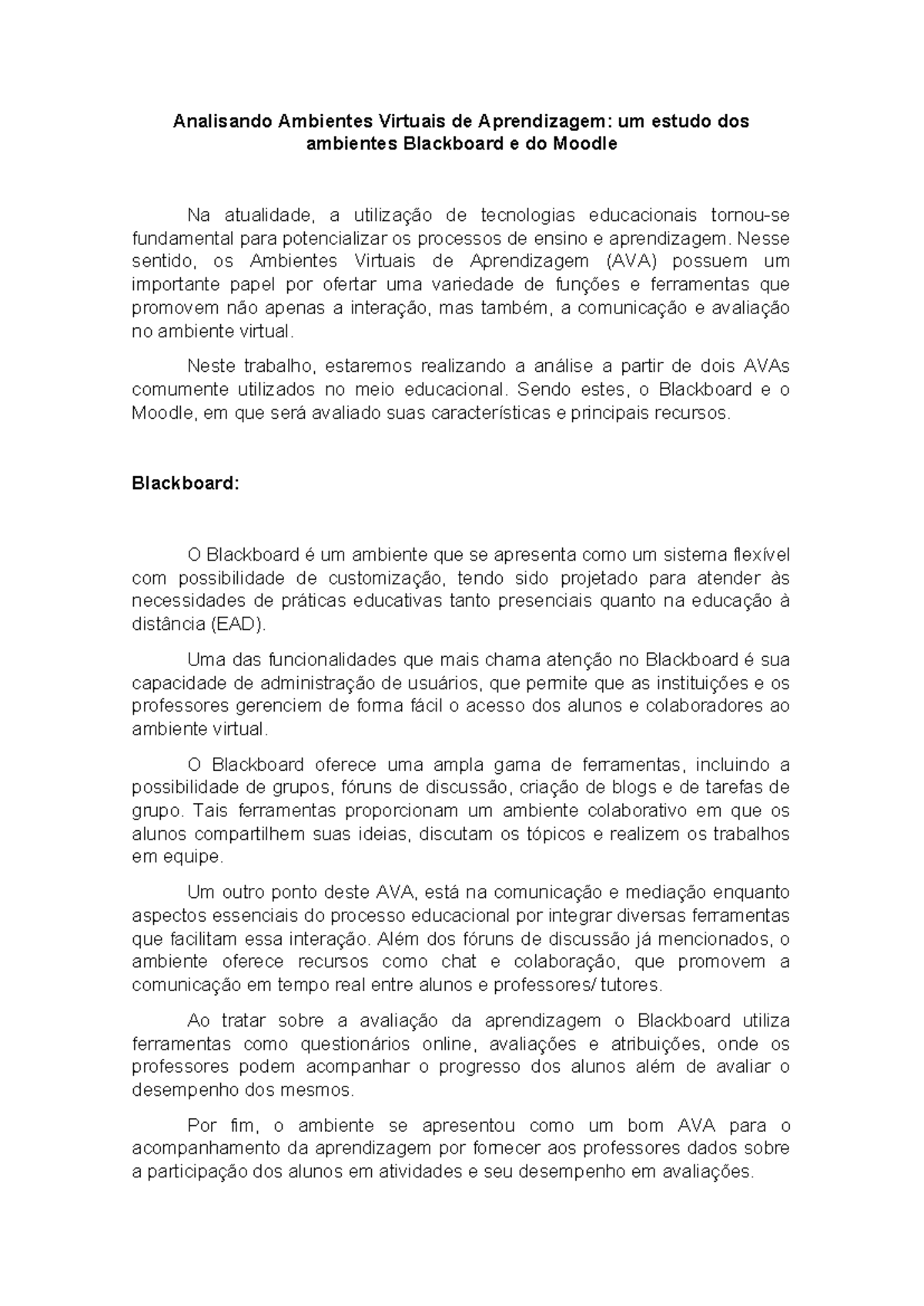 Atividade - Análise dos AVAs Blackboard e Moodle na Educação - Studocu