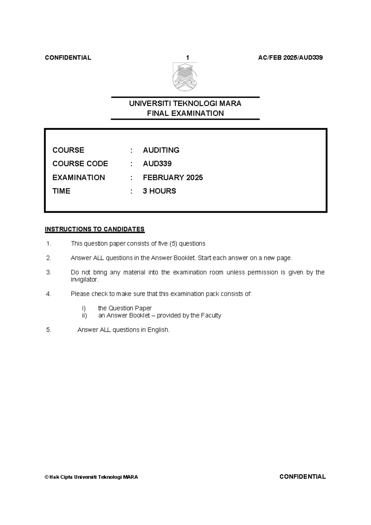 AUD339 Final Exam Questions - Auditing (February 2025) - Studocu
