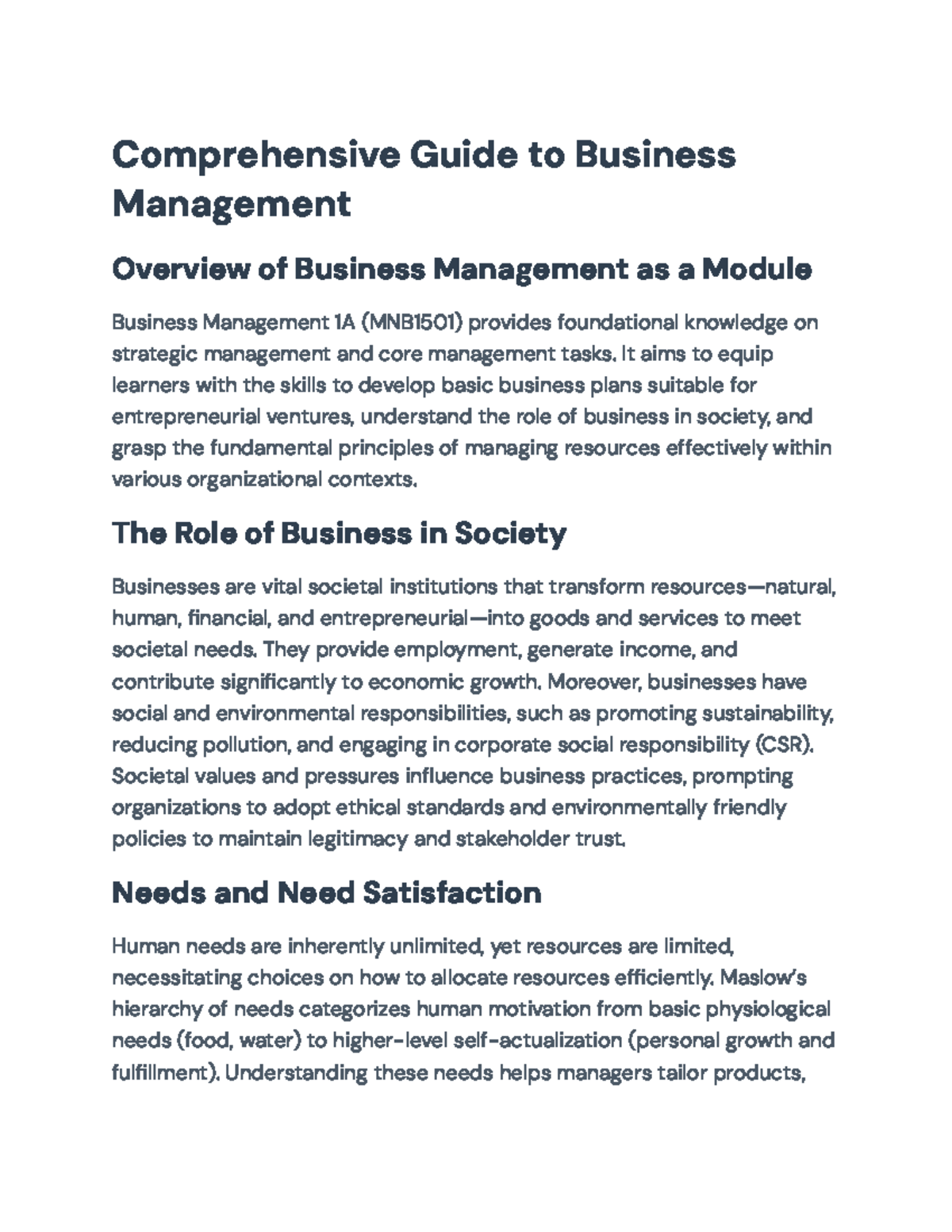 Comprehensive Overview of Business Management Concepts (MNB1501) - Studocu