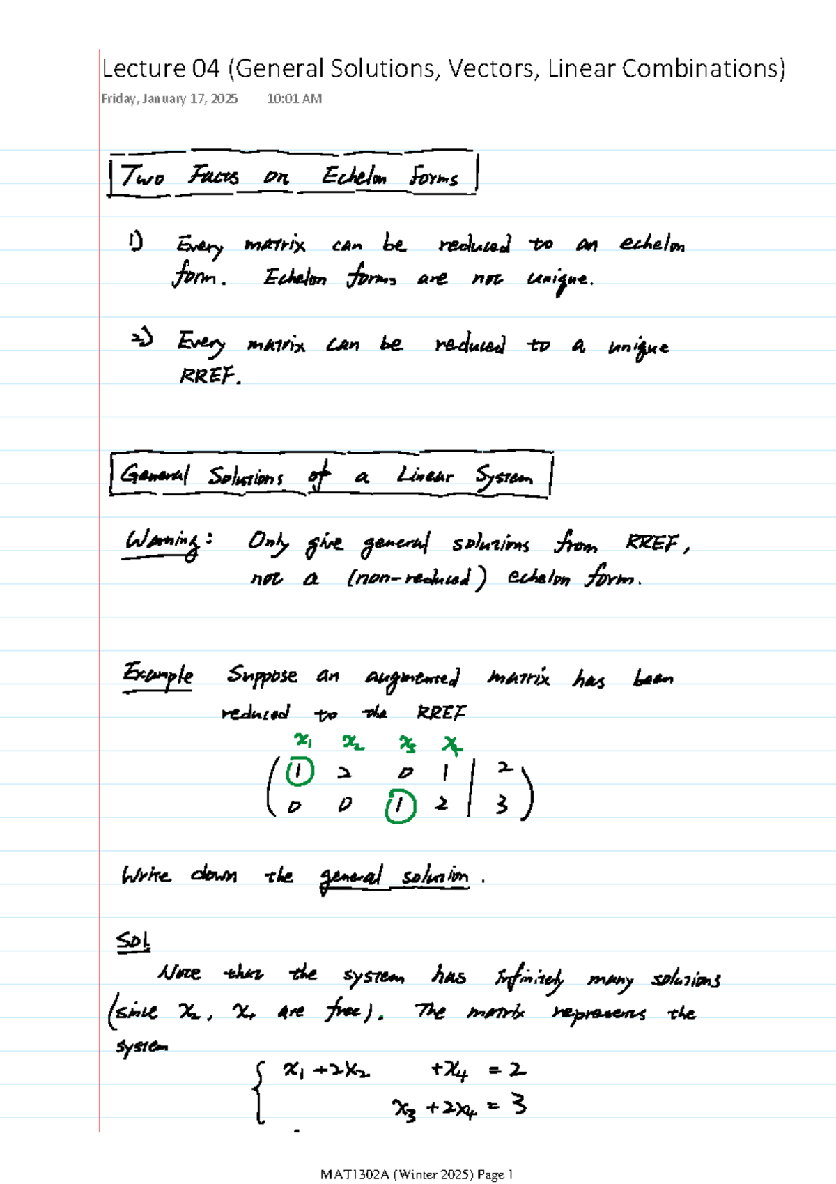 Lecture 04 (General Solutions, Vectors, Linear Combinations) - MAT1302 ...