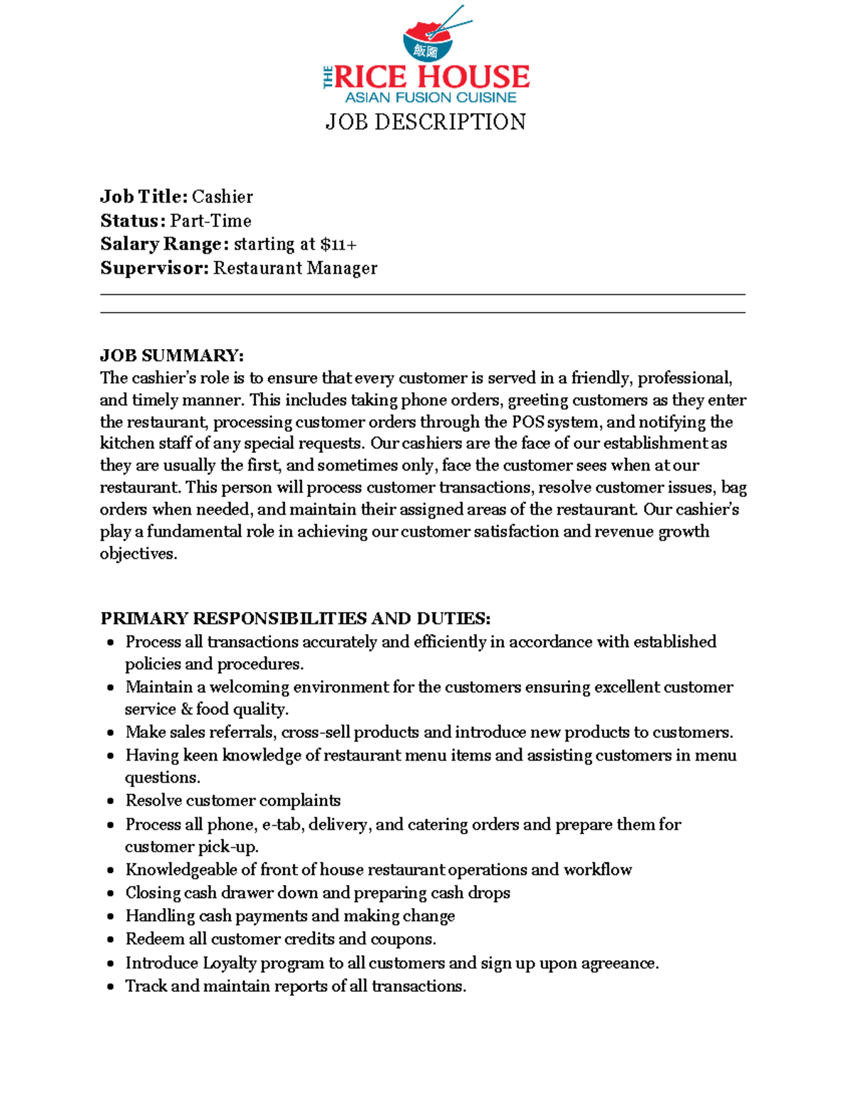 Cashier Counter Job Description