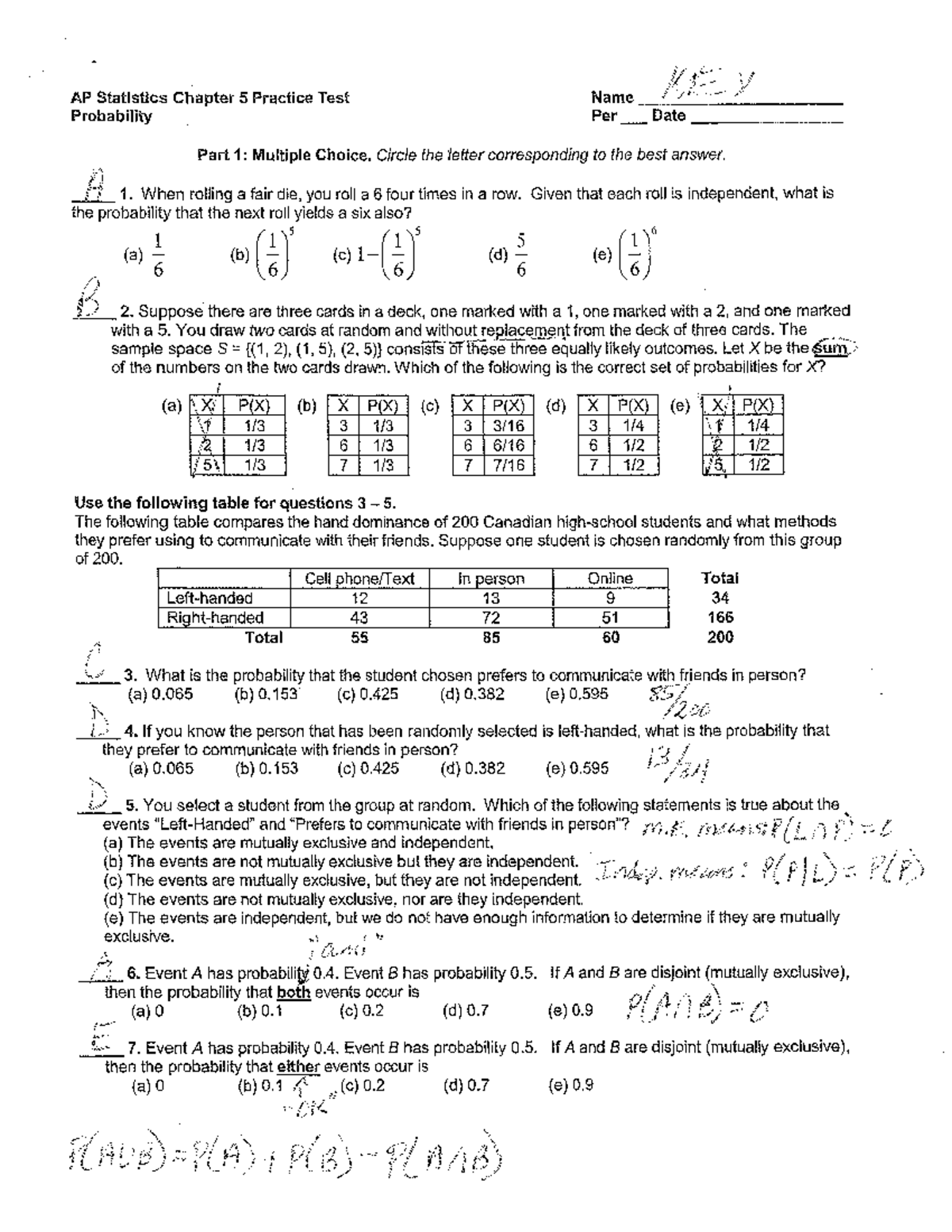 AP Statistics APST 5 Practice Test Answer Key on Probability - Studocu