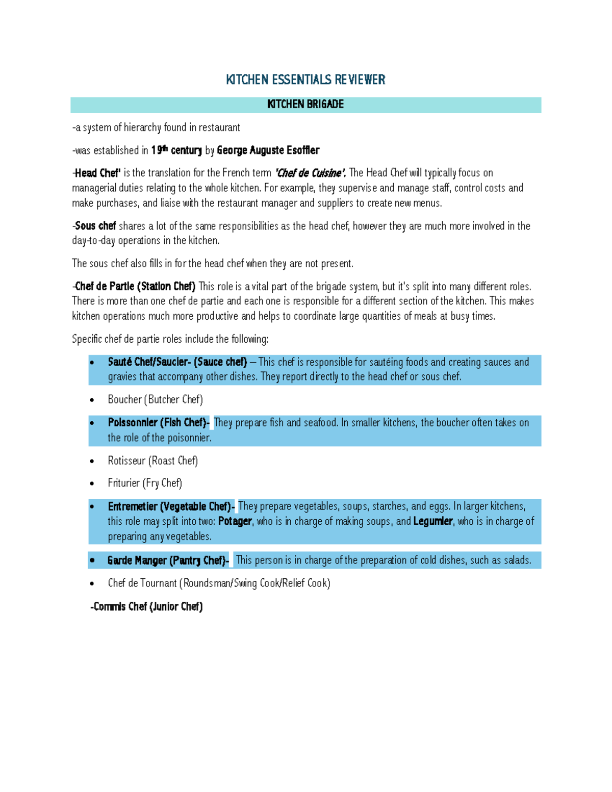 Kitchen Essentials Reviewer: Understanding Kitchen Brigade Roles - Studocu