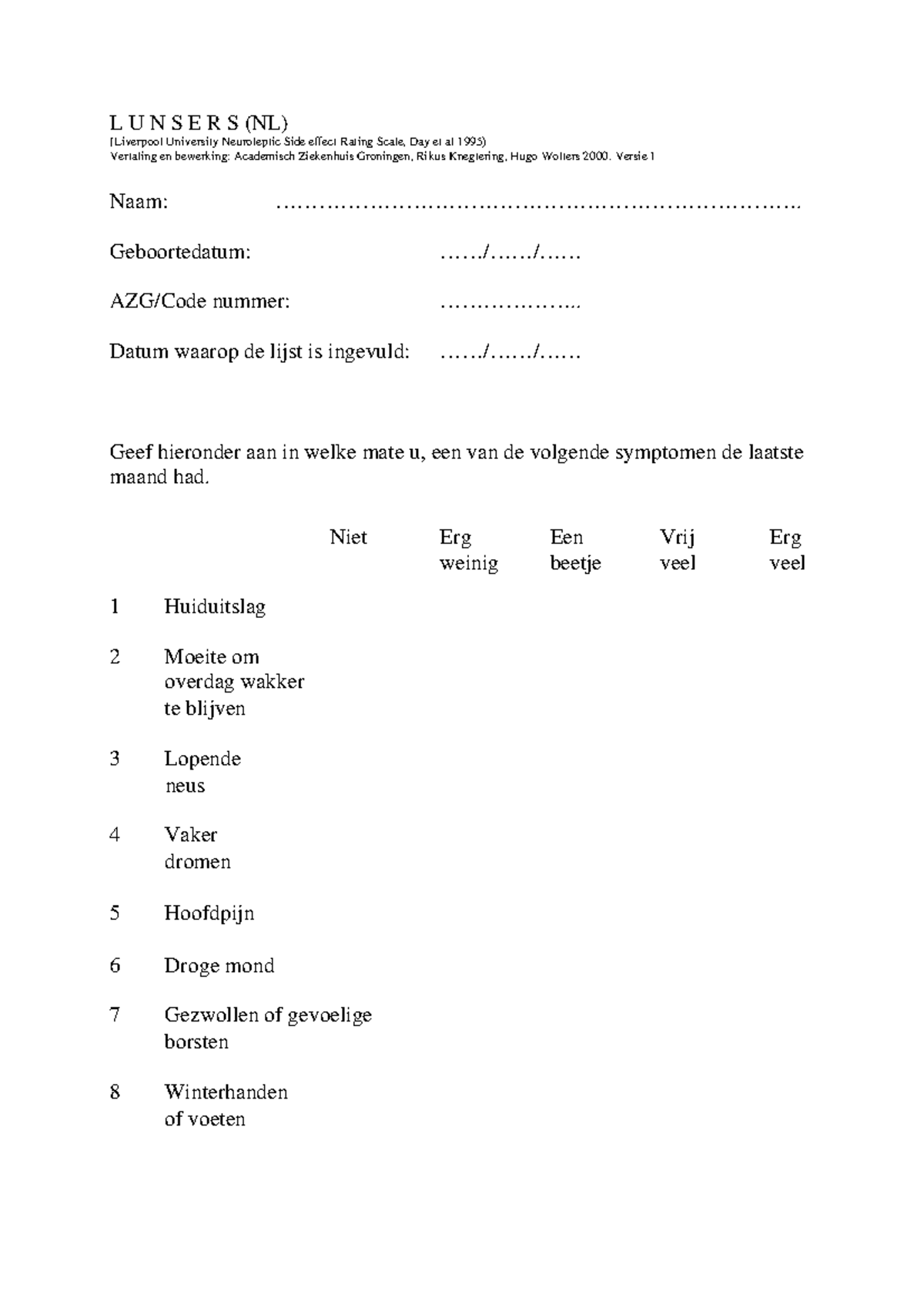 LUNSERS (NL) - Liverpool University Neuroleptic Side Effect Scale ...