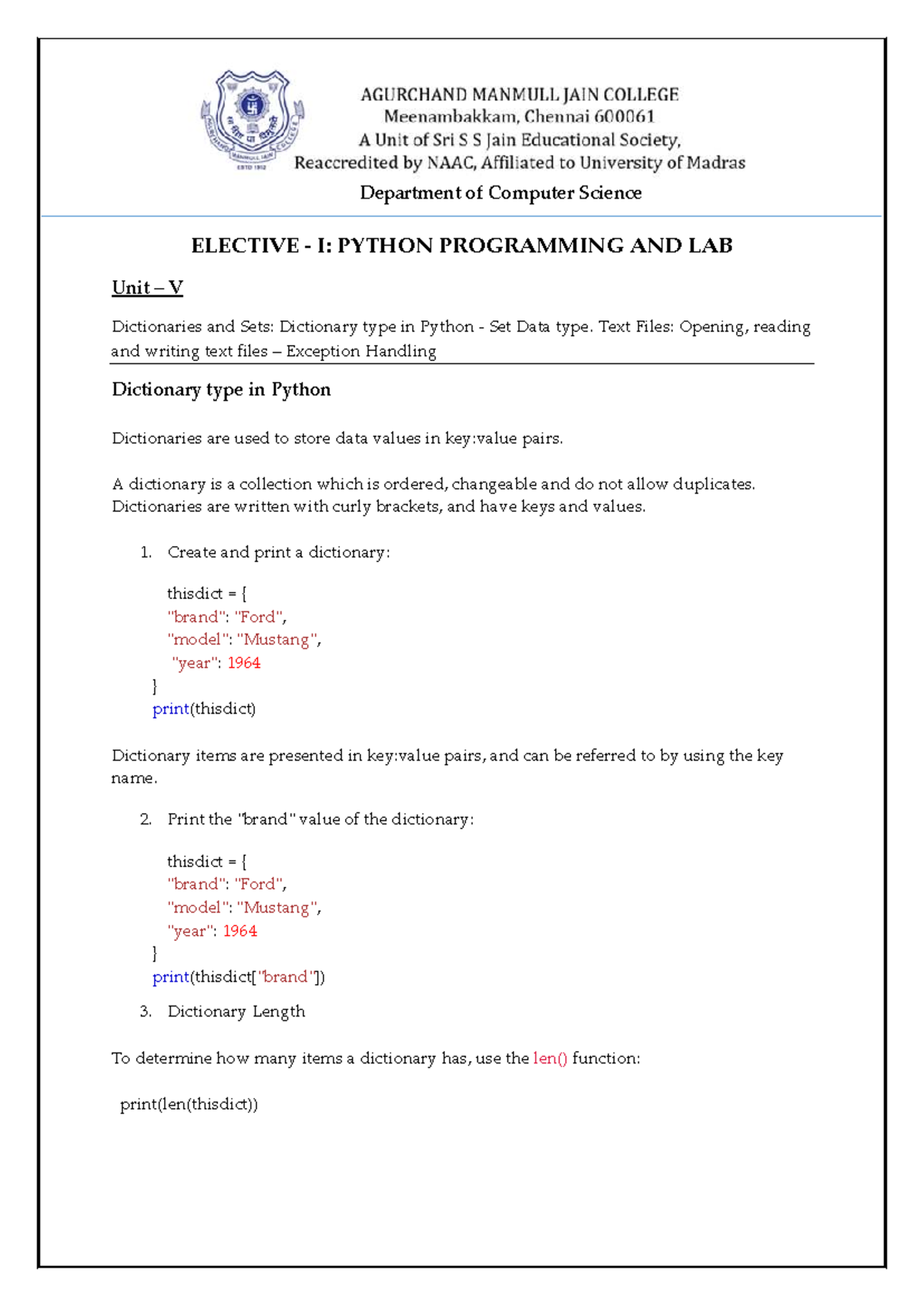 Python Programming (Elective I) - Unit V: Dictionaries & Sets - Studocu
