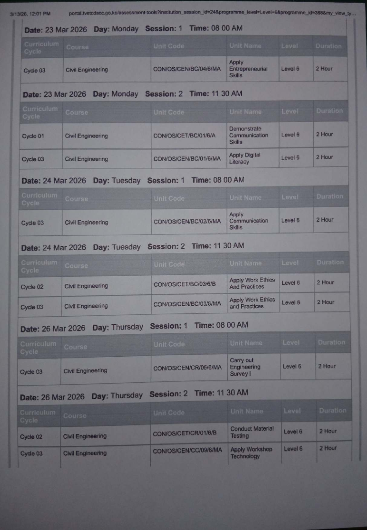 Civil Engineering Level 6 Course Schedule: March-April 2026 - Studocu