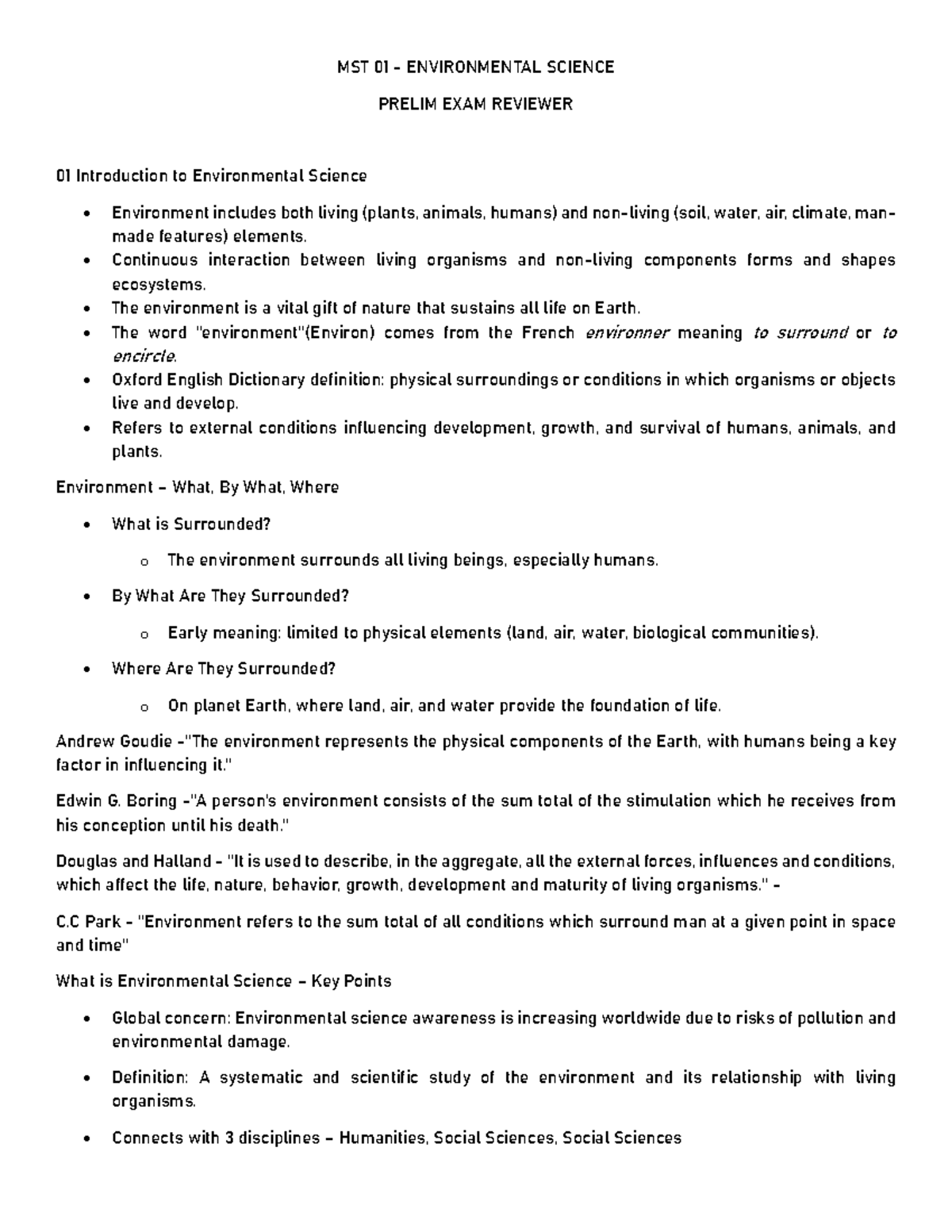 MST 01 - Environmental Science Prelim Exam Reviewer: Key Concepts ...