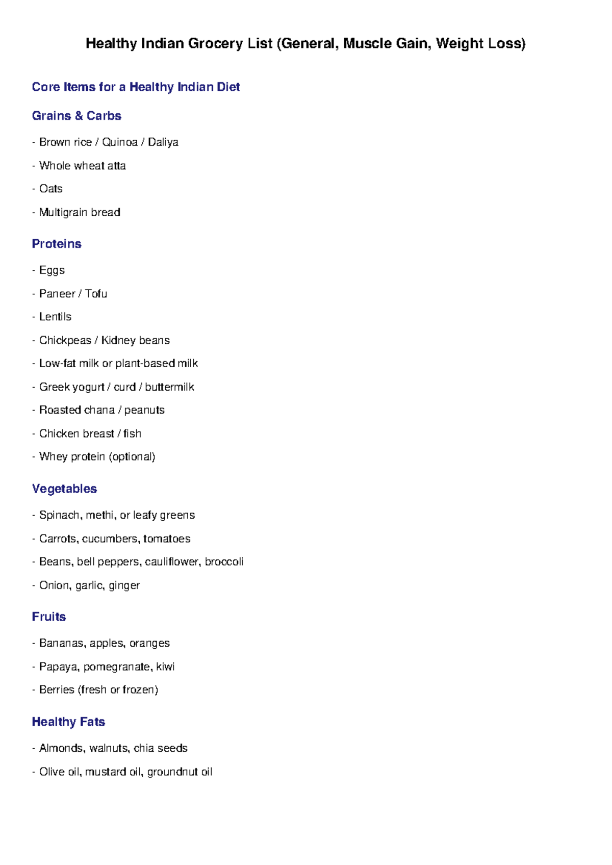 Healthy Indian Diet Grocery List for Muscle Gain & Weight Loss - Studocu