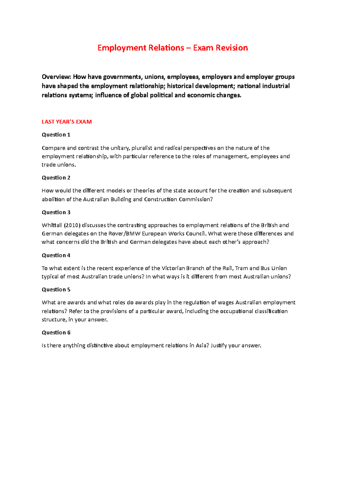 ER302 Employment Relations Final Exam Revision Notes and Themes - Studocu