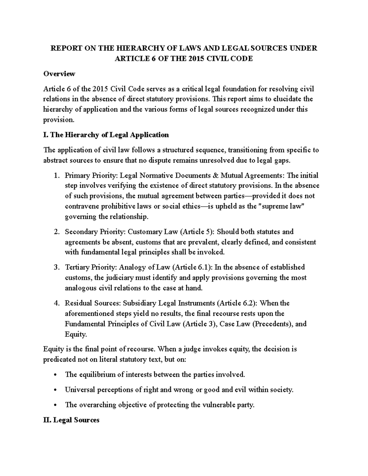 Report on Legal Hierarchy & Sources Under Article 6 of 2015 Civil Code ...