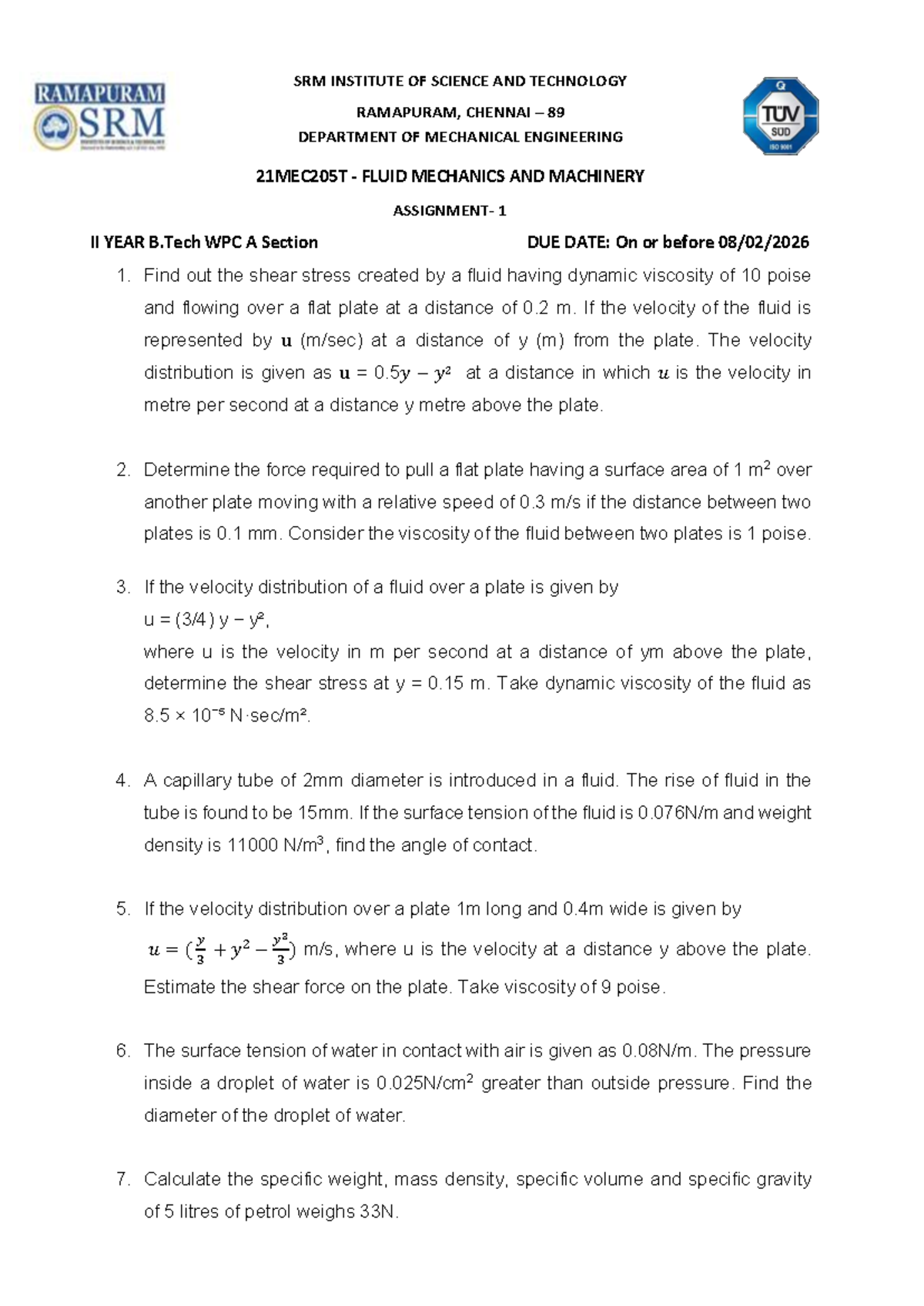 FMM 21MEC205T Assignment 1 - Fluid Mechanics Lecture Notes - Studocu