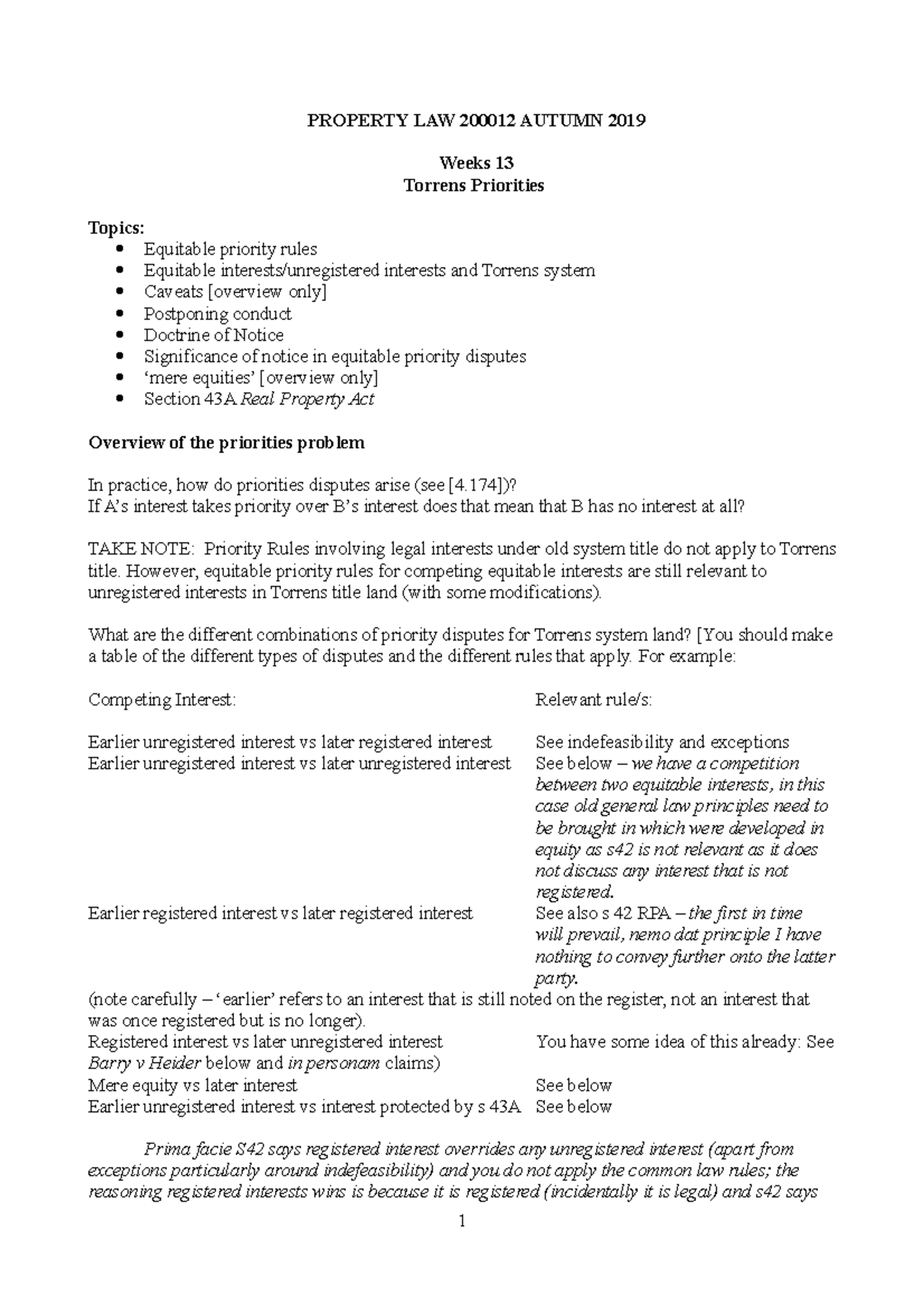Week 13 Lecture Notes: Torrens Priorities in Property Law 200012 - Studocu