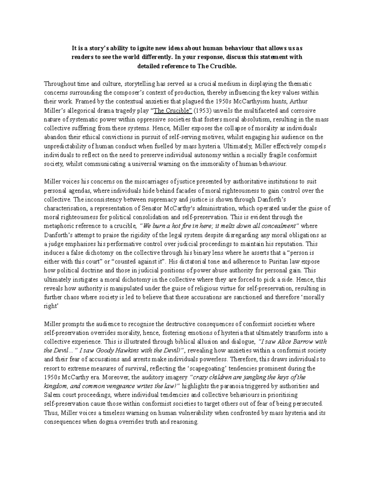 The Crucible (ENG 101) Final Essay: Exploring Human Behavior and ...