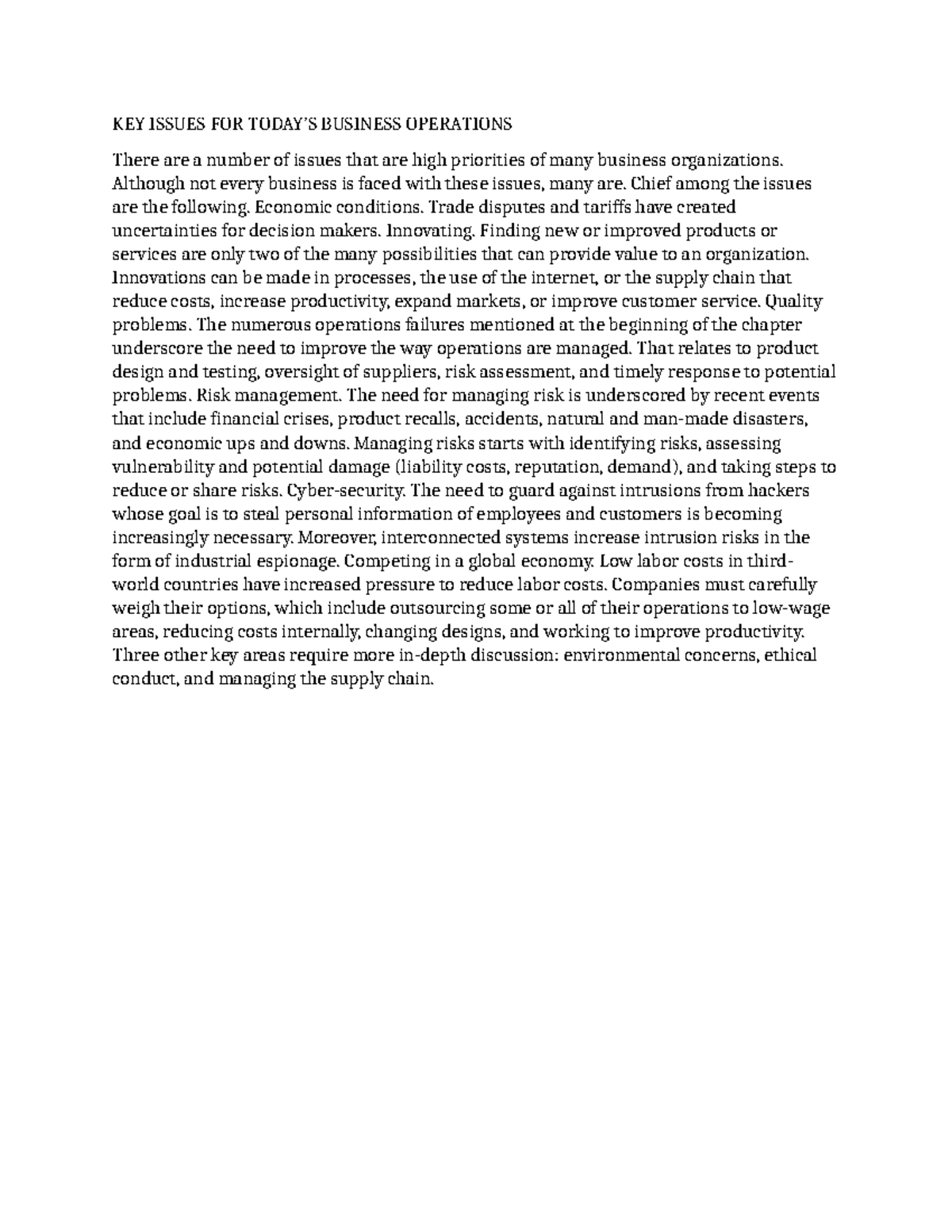 KEY ISSUES FOR BUSINESS OPERATIONS: A Contemporary Overview - Studocu