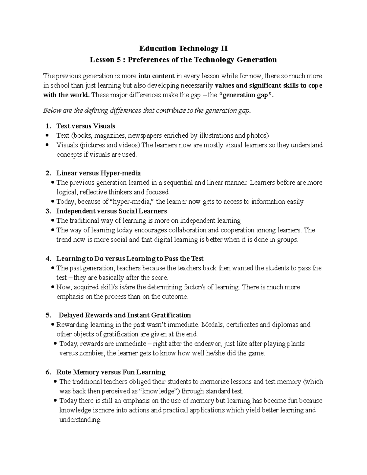 Educ Tech II: Lesson 5 - Preferences of the Tech Generation - Studocu