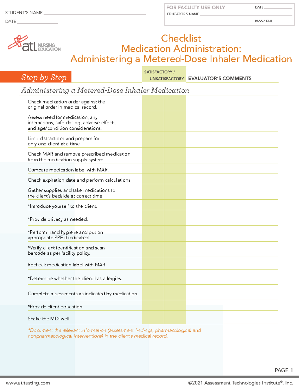 ATI MDI Medication Administration Checklist for Nursing Skills - Studocu
