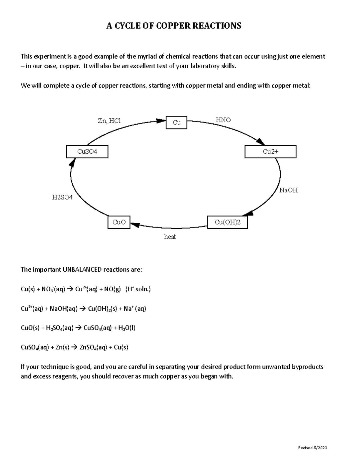 Copper Cycle Lab Report: Reactions and Recovery of Copper - Studocu