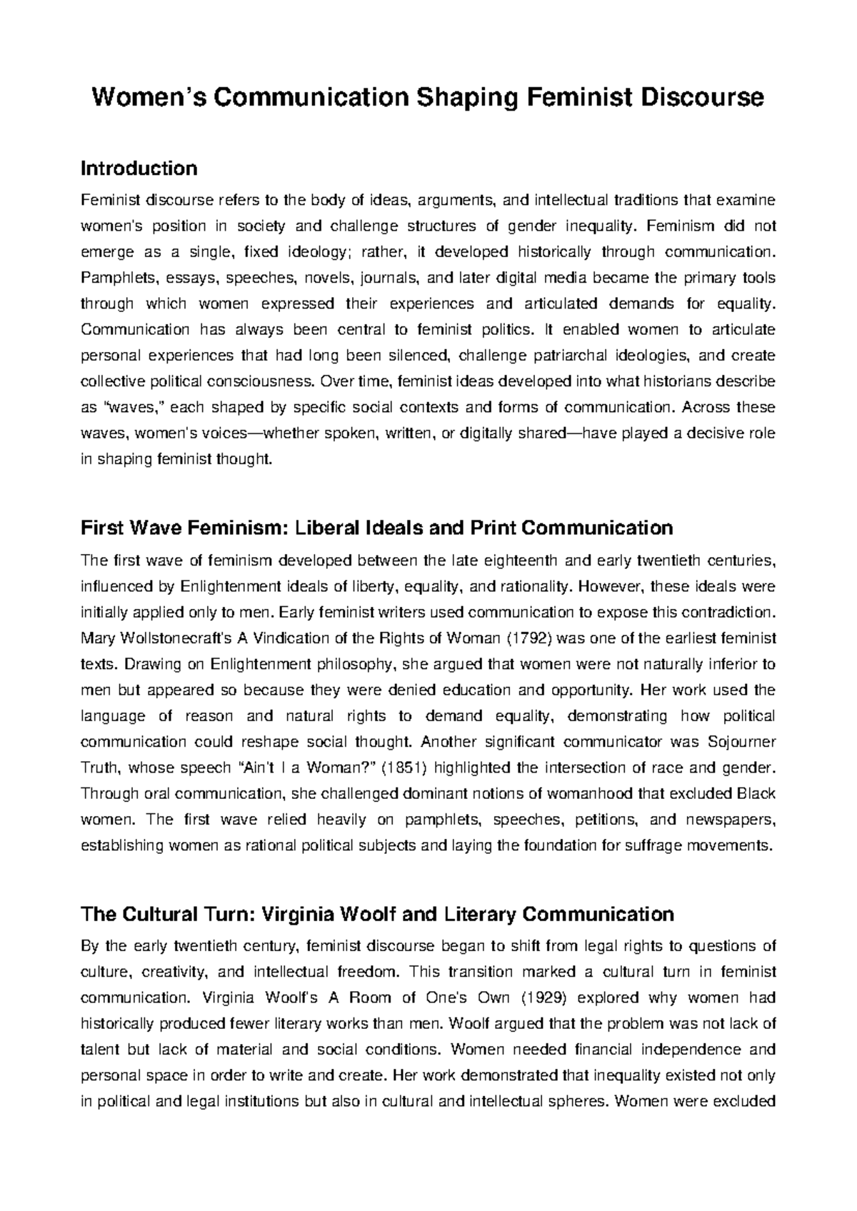 WOM 101: Women's Communication in Feminist Discourse Essay - Studocu