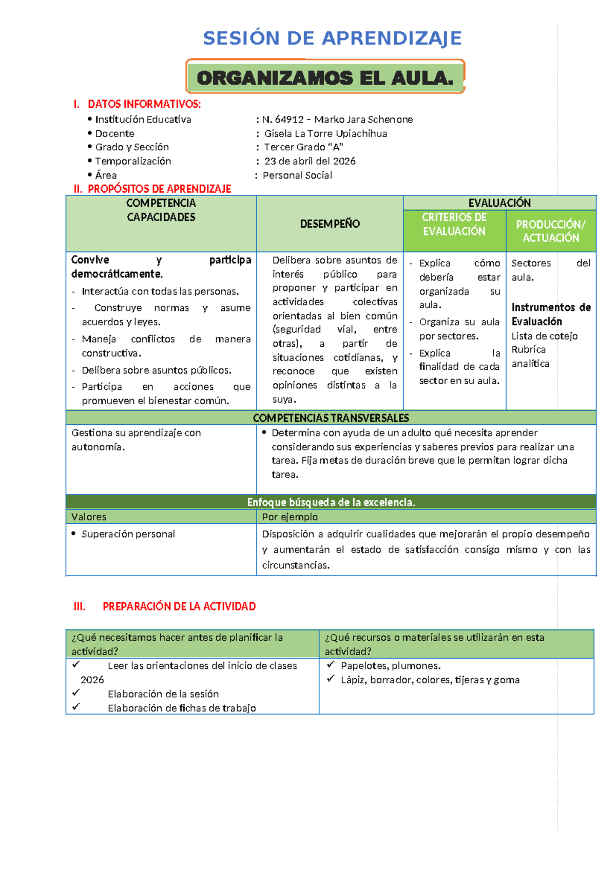 PS - 21 Sesión de Aprendizaje: Organización del Aula en 3º Grado - Studocu