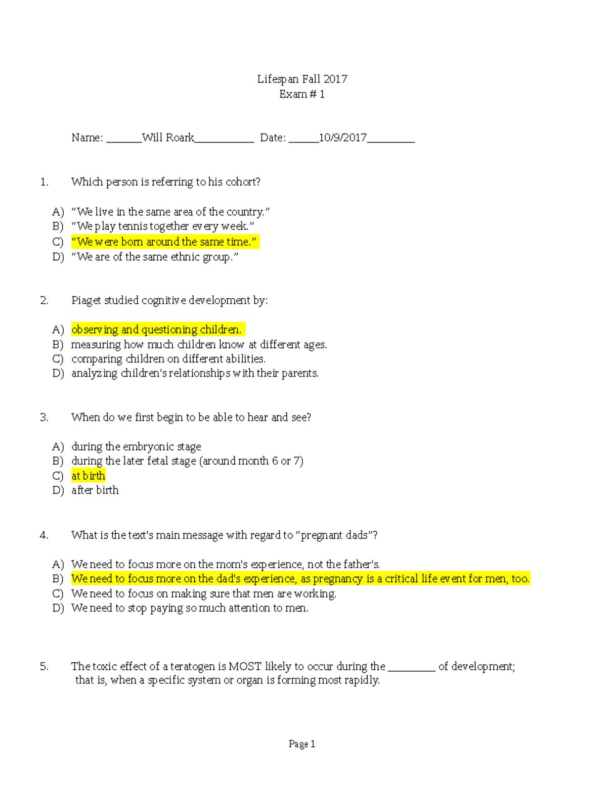 Exam 1 Study Guide for Lifespan Development - Fall 2017 - Studocu