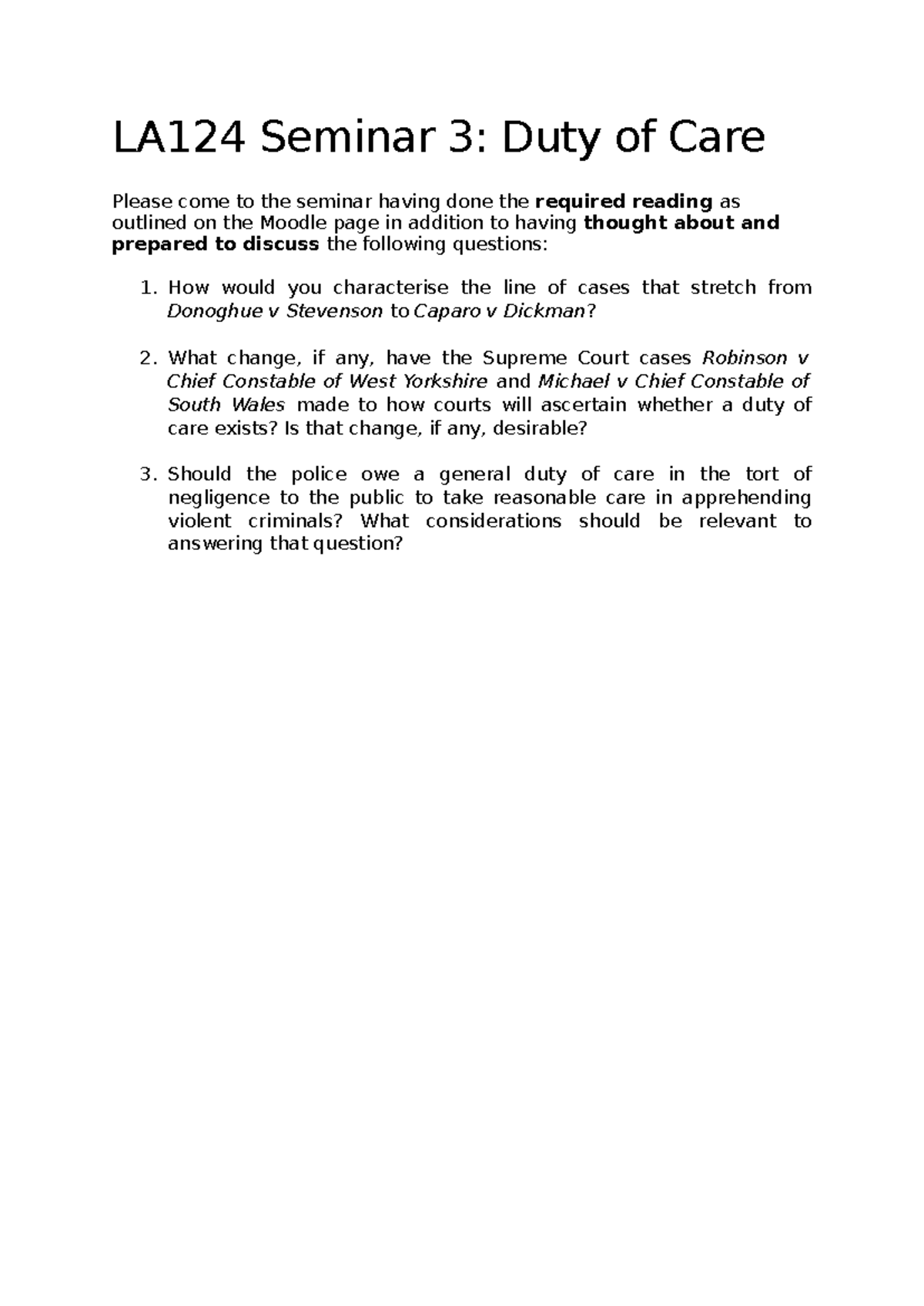 LA124 Seminar 3: Exploring the Duty of Care in Tort Law - Studocu