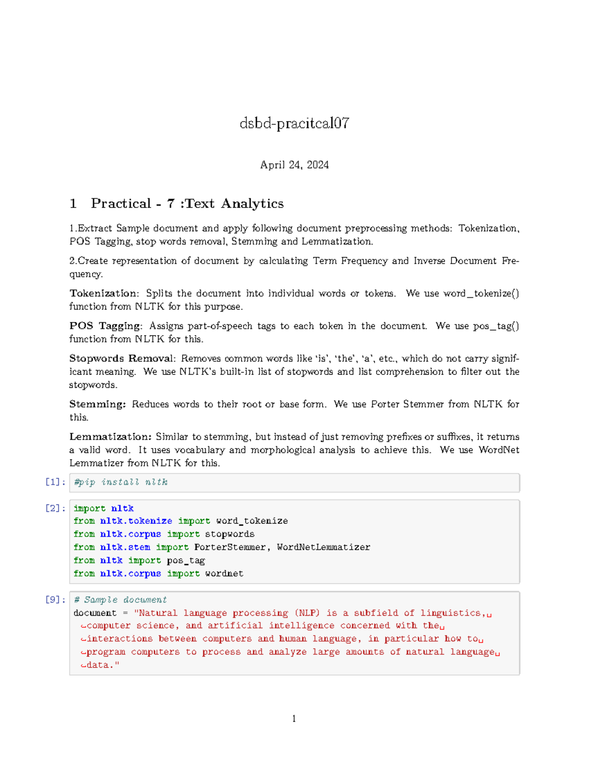 DSBD-Practical 07: Text Analytics Techniques & TF-IDF Computation - Studocu