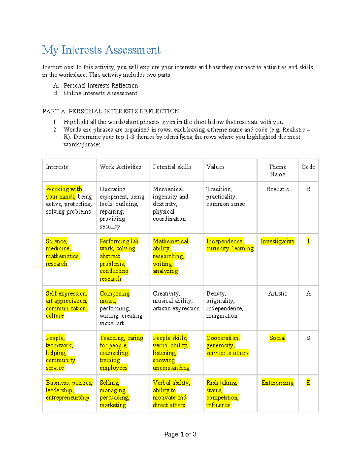 Interest Assessments Worksheet - Page 1 of 3 My Interests Assessment ...