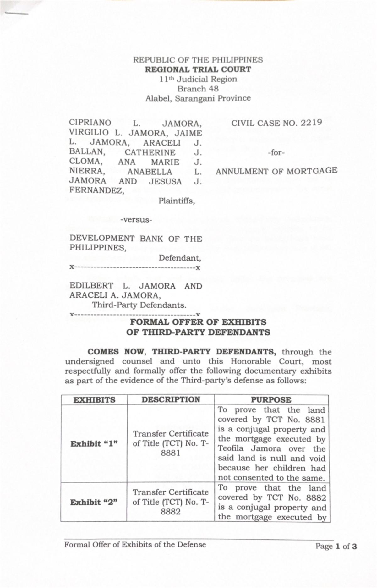 Formal Offer of Exhibits - Civil Case No. 2219 (Defense) - Studocu