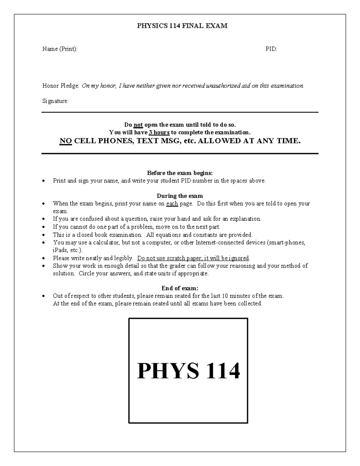 PHYSICS 114 PRACTICE FINAL EXAM - Studocu