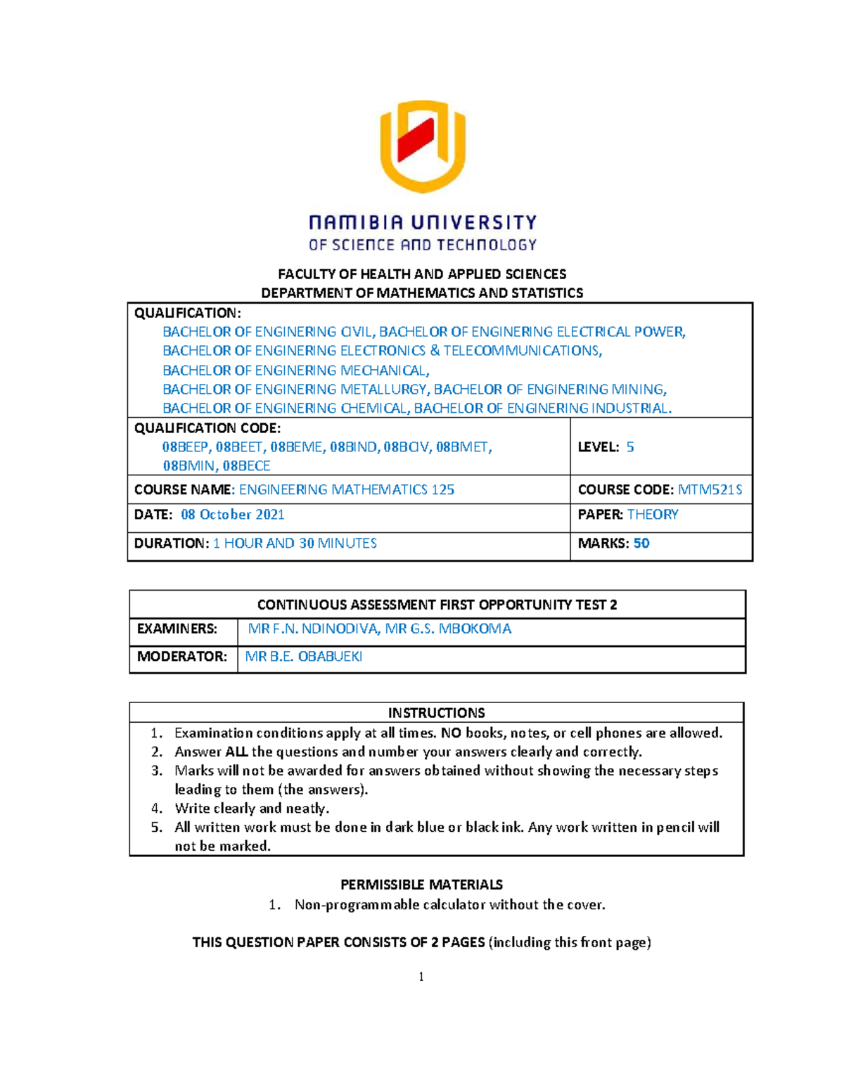 MTM521S Engineering Mathematics Test 2 - October 2021 - Studocu
