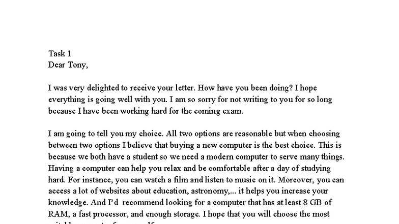 Task 1: Letter to Tony on Choosing a New Computer - Studocu