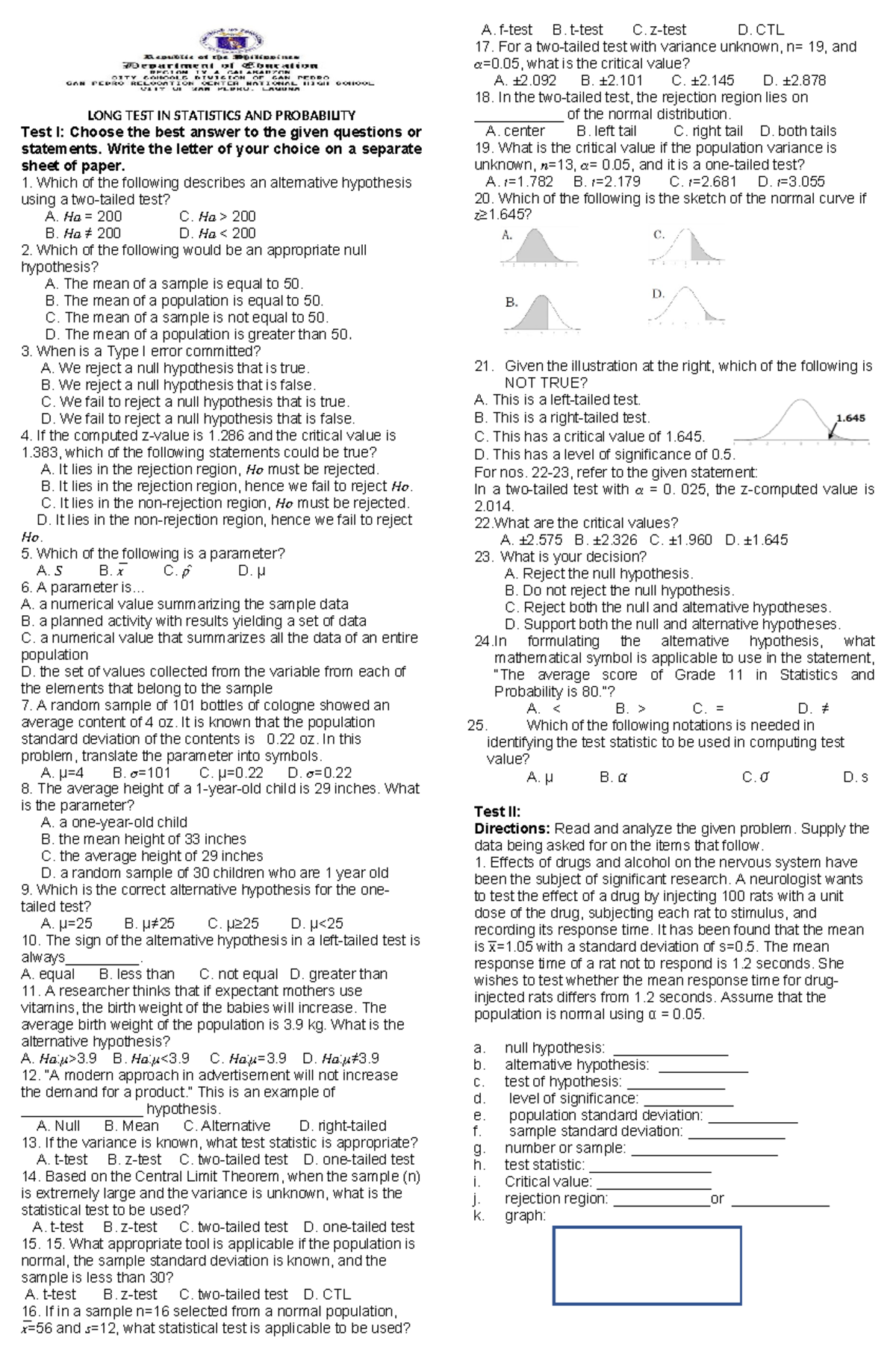 LONG TEST IN STATISTICS AND PROBABILITY WITH ANSWER KEY - Studocu