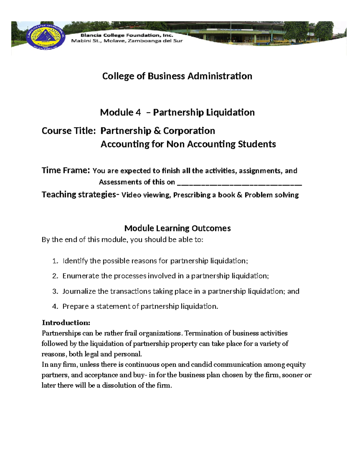 Module 4 Partnership Liquidation - College of Business Administration ...