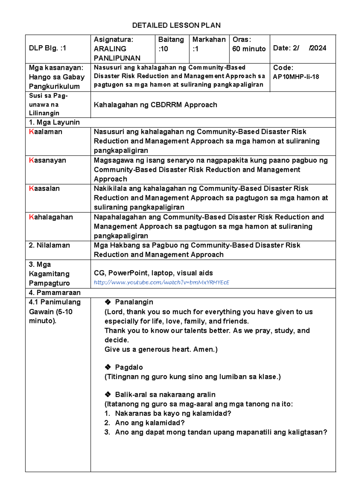 DLP: Lesson Plan on Disaster Risk Reduction and Management Approach for ...