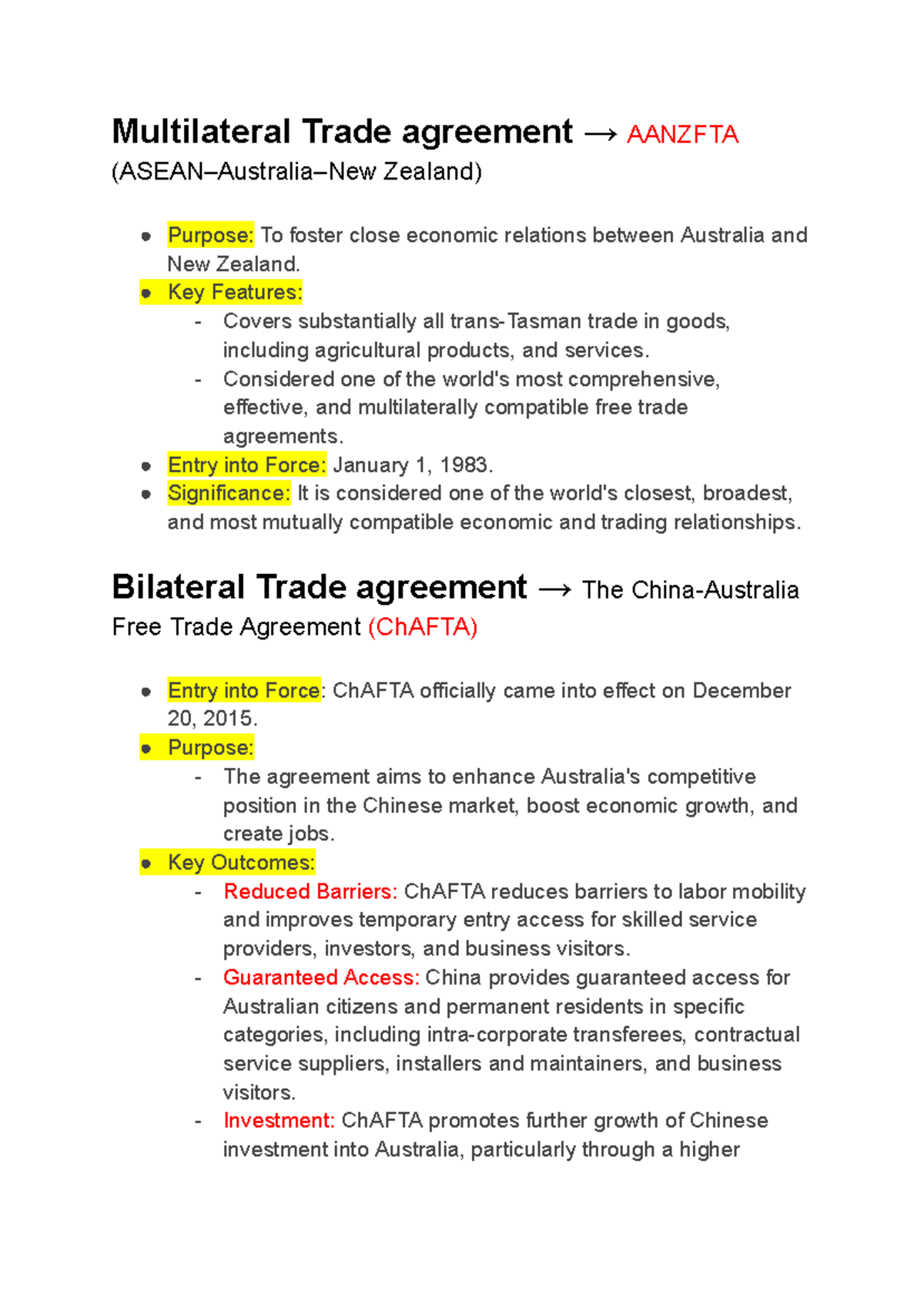 Trade Agreements Overview: AANZFTA & ChAFTA Analysis - Studocu