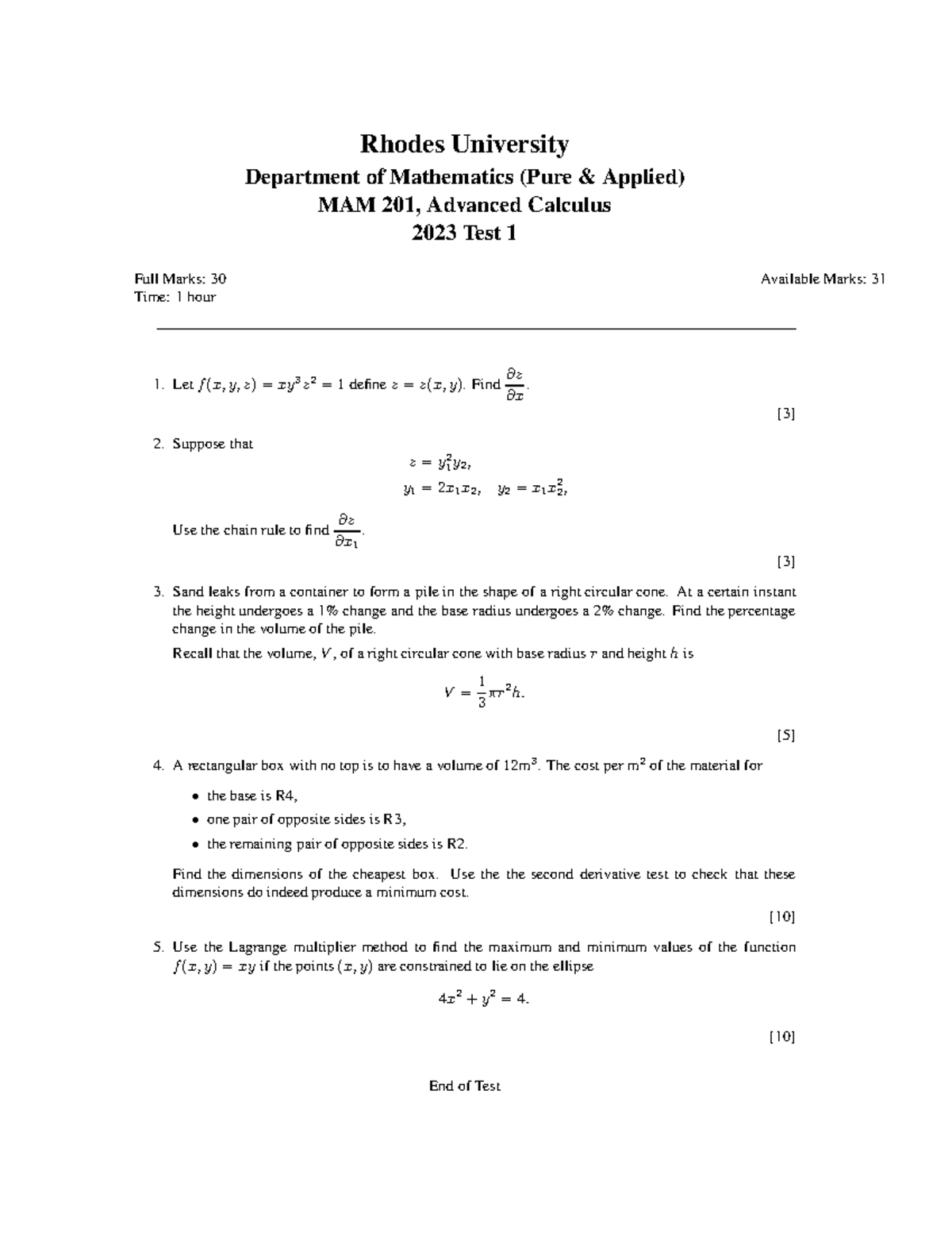 MAM 201 - Advanced Calculus 2023 Test 1 Practice Questions - Studocu