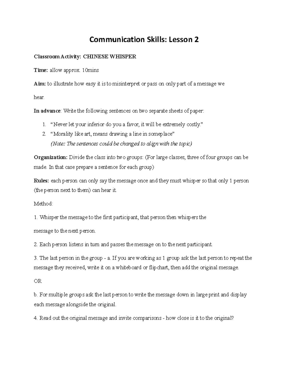 Chinese Whisper Activity Overview for Comm Skills: Lesson 2 - Studocu