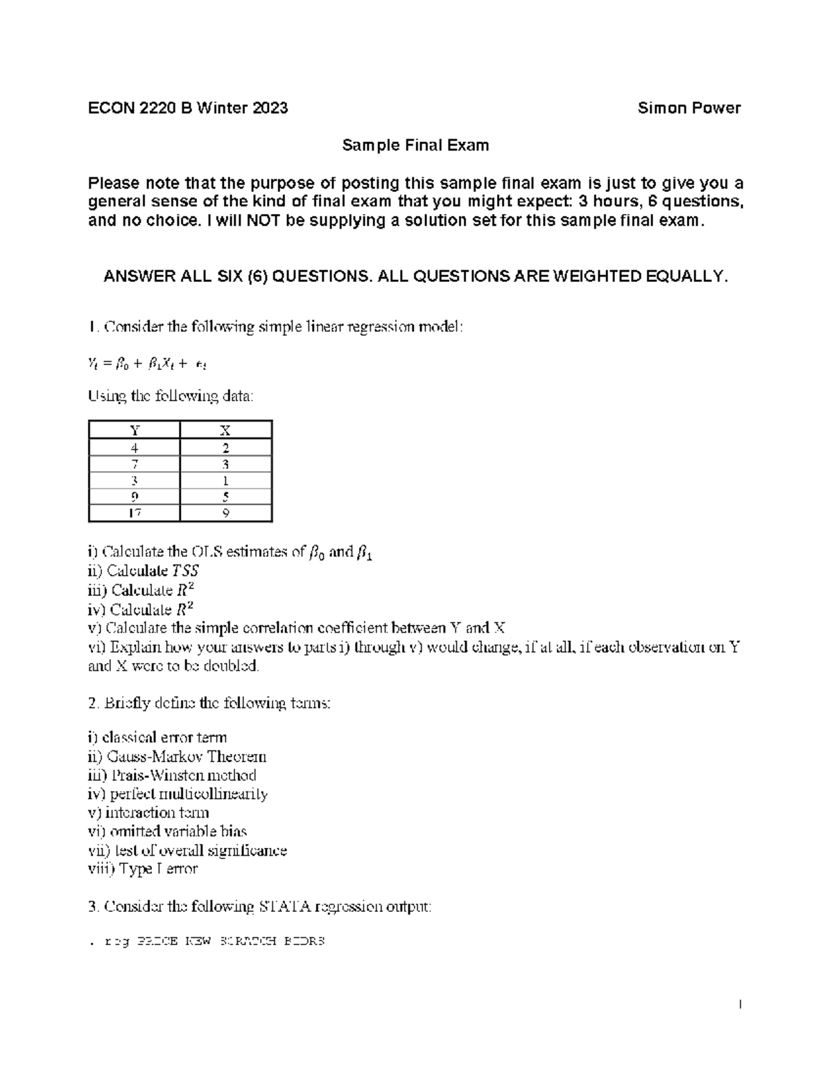 ECON 2220 B Winter 2023 Sample Final Exam - Introductory Econometrics ...