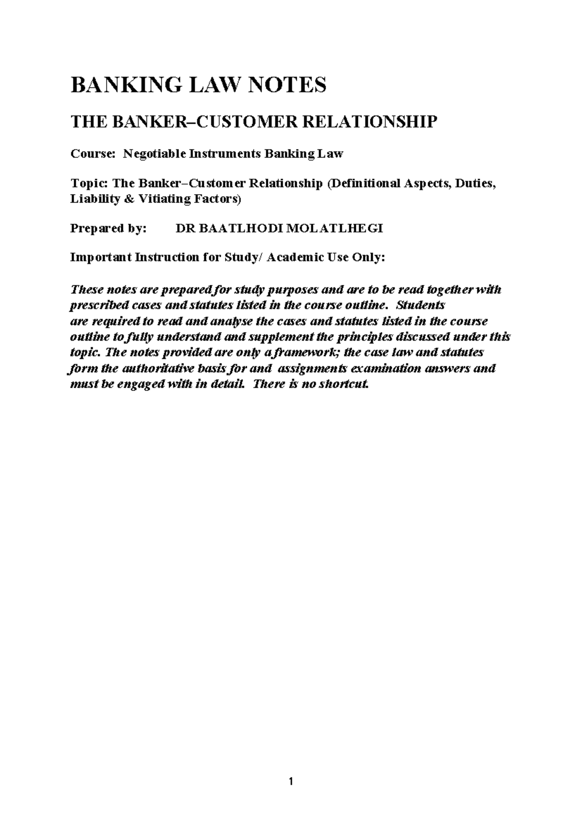 Banking Law Notes: The Banker-Customer Relationship (Course: NIBL ...