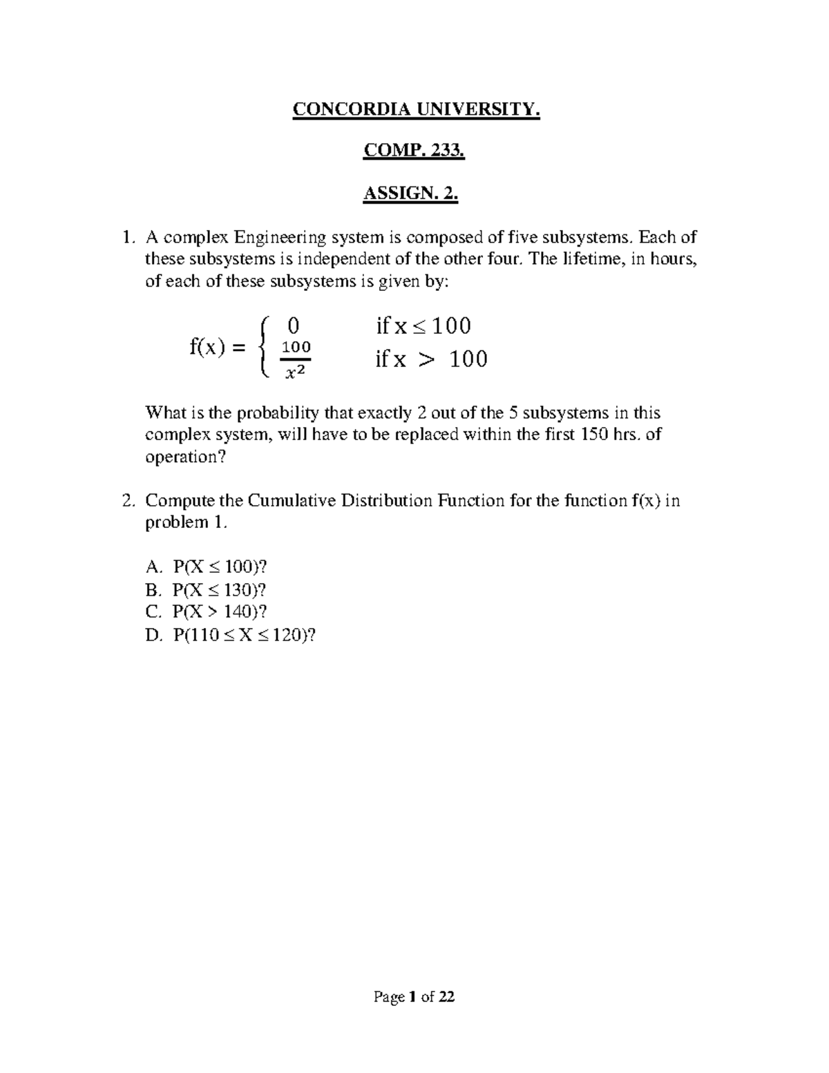 COMP. 233 - Assignment 2 Solutions: Probability & Statistics Analysis ...