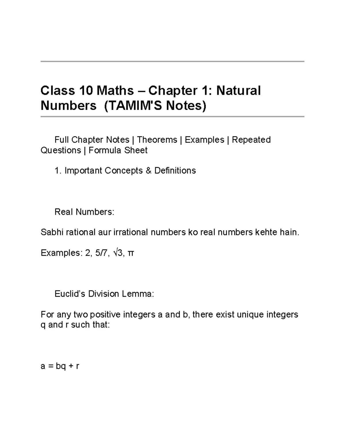 Class 10 Maths Mini Formula Sheet: Real Numbers & Quadratic Equations ...