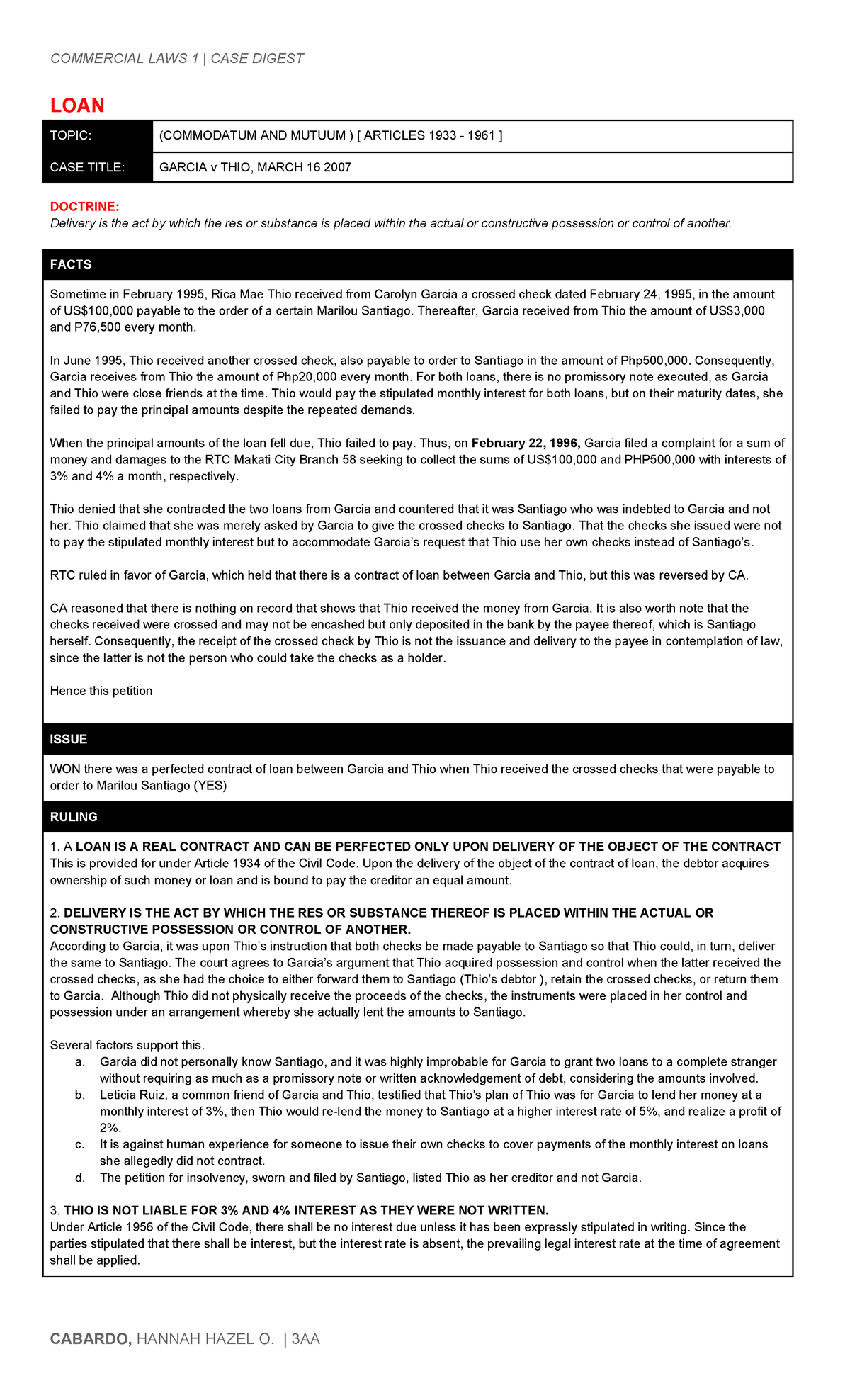 COMMERCIAL LAWS 1 CASE DIGEST: GARCIA v THIO (COMMODATUM & MUTUUM ...