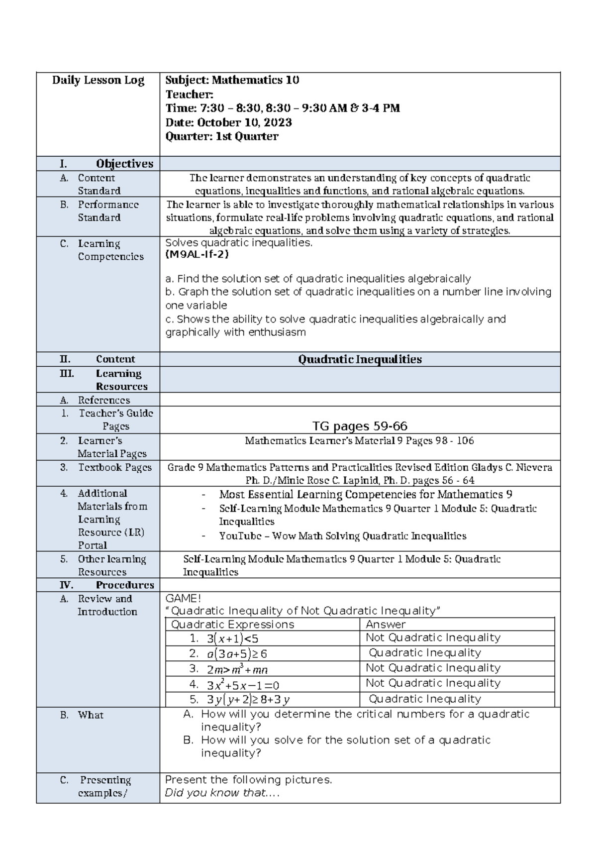 Mathematics 10 DLL Q1: Quadratic Inequalities Daily Lesson Log - Document Preview