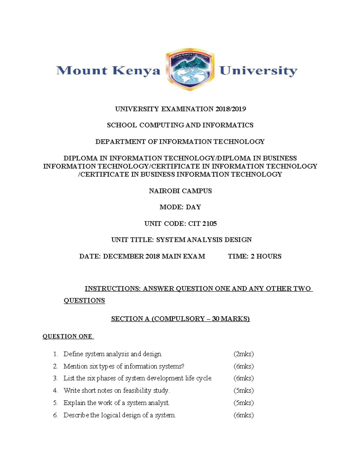 CIT 2105 System Analysis and Design Final Exam Notes - Studocu