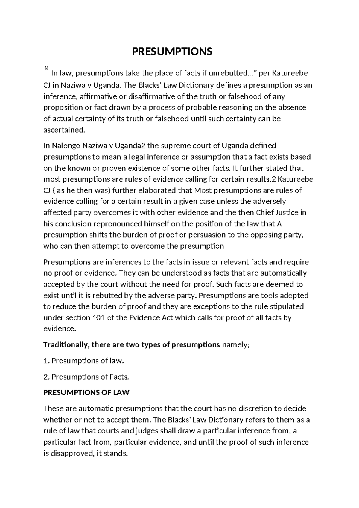 Legal Principles of Presumptions in Law (LAW 101 Lecture Notes) - Studocu